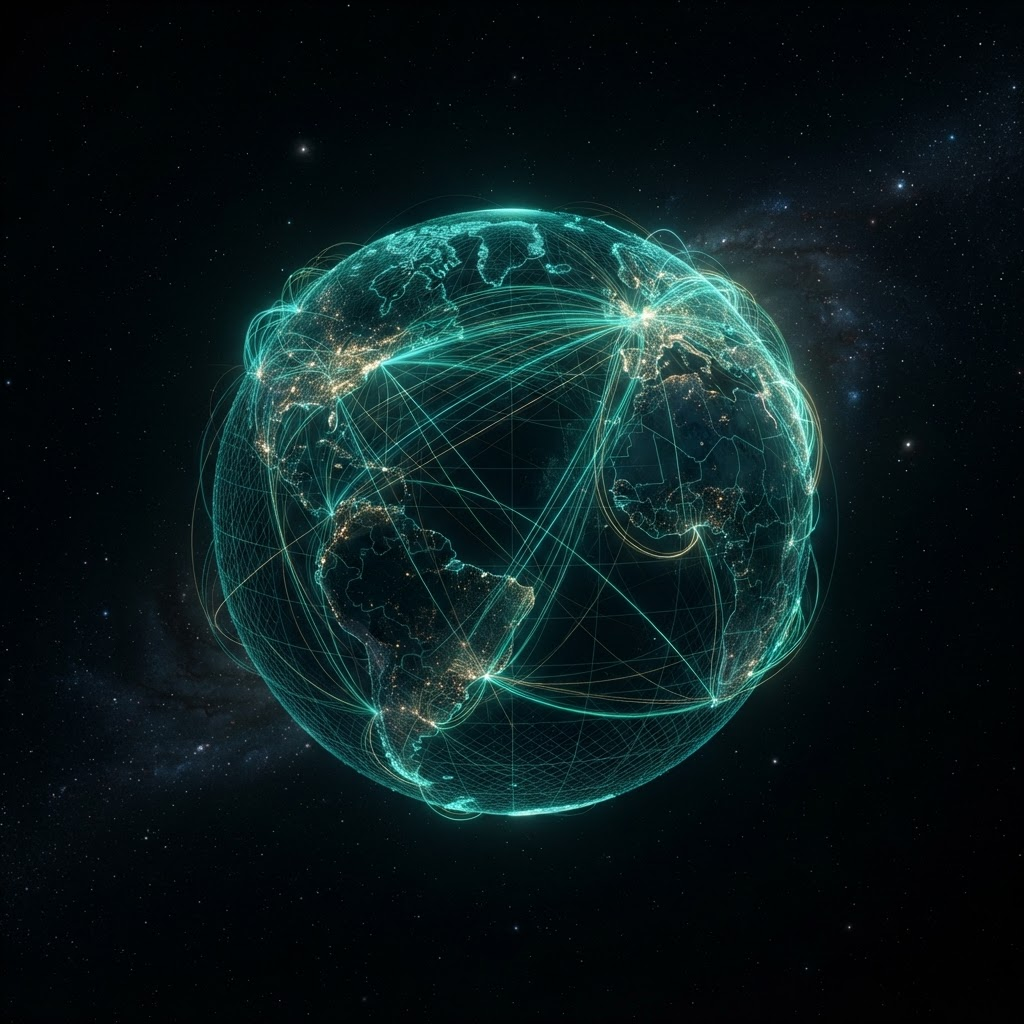 Wireframe globe with payment routing arcs connecting cities worldwide