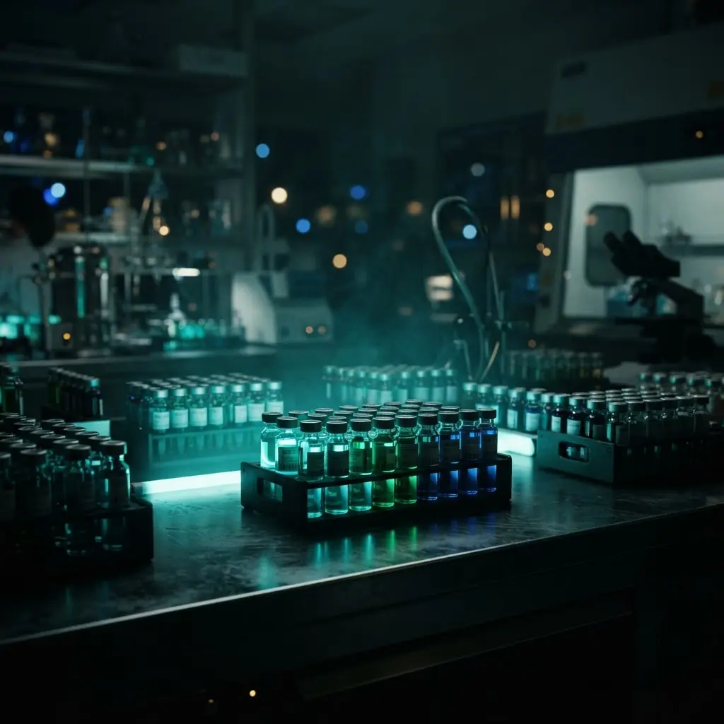 Clean research laboratory with rows of sample vials